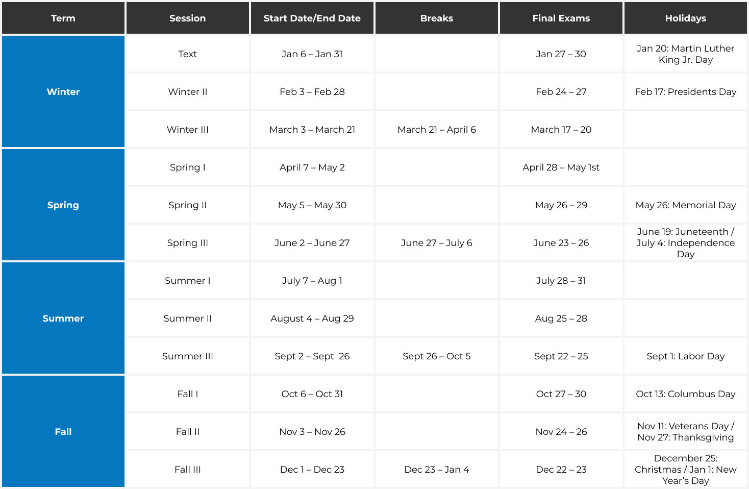 Metro West 2025 calendar